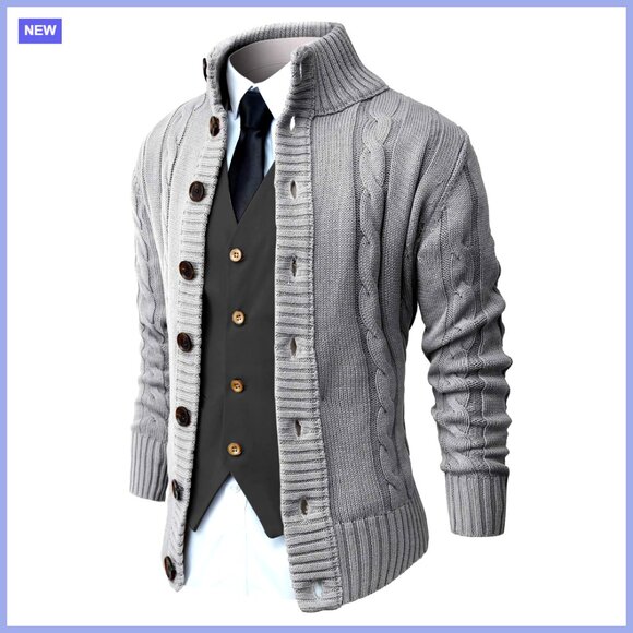 Long Sleeve Stand Collar Cable Knit Cardigan Sweater Button Down